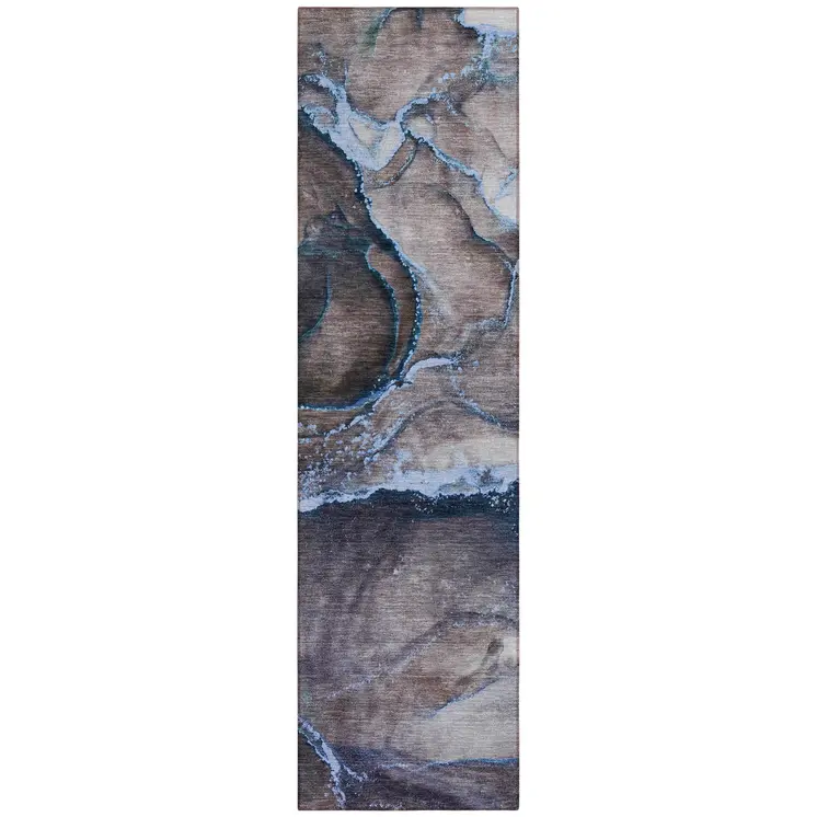 8' Runner Navy Blue Abstract Washable Non Skid Indoor Outdoor Runner Rug