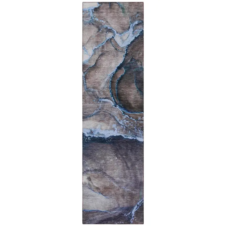 8' Runner Navy Blue Abstract Washable Non Skid Indoor Outdoor Runner Rug