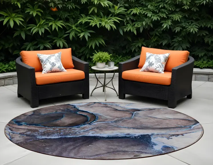 8' Round Navy Blue Round Abstract Washable Non Skid Indoor Outdoor Area Rug