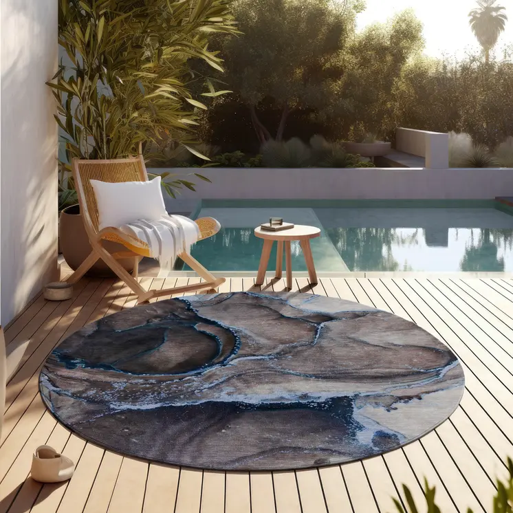 8' Round Navy Blue Round Abstract Washable Non Skid Indoor Outdoor Area Rug