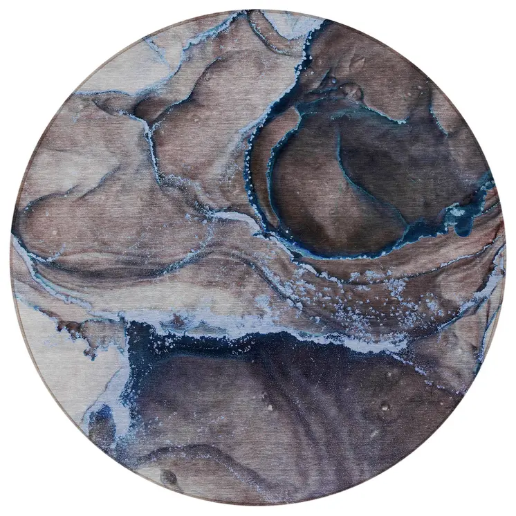8' Round Navy Blue Round Abstract Washable Non Skid Indoor Outdoor Area Rug