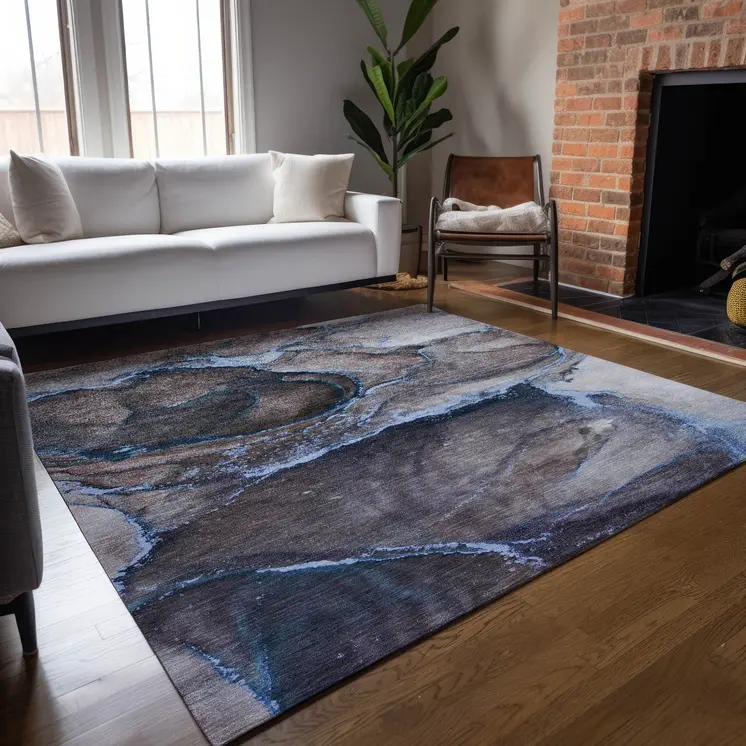 8' X 10' Navy Blue Abstract Washable Indoor Outdoor Area Rug