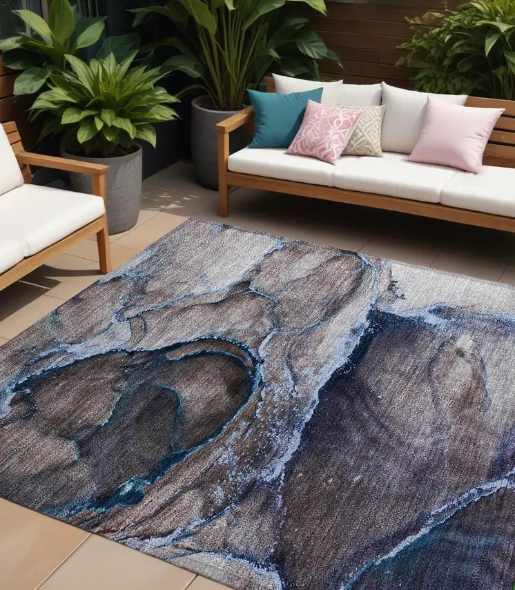 10' X 14' Navy Blue Abstract Washable Non Skid Indoor Outdoor Area Rug