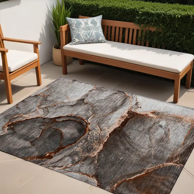 5' X 8' Peach Abstract Washable Non Skid Indoor Outdoor Area Rug