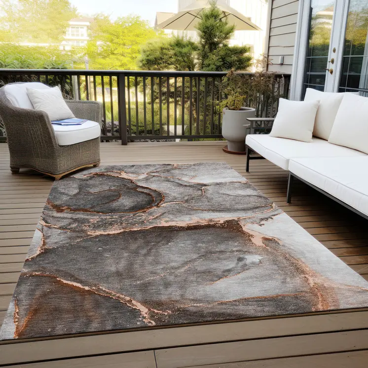 5' X 8' Peach Abstract Washable Non Skid Indoor Outdoor Area Rug