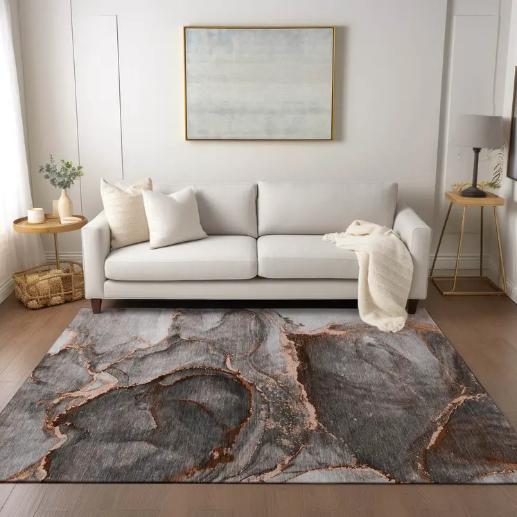 5' X 8' Peach Abstract Washable Non Skid Indoor Outdoor Area Rug