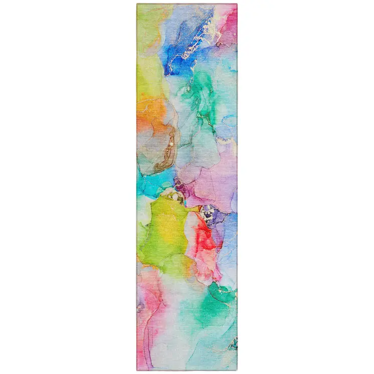 8' Runner Blue Abstract Washable Non Skid Indoor Outdoor Runner Rug