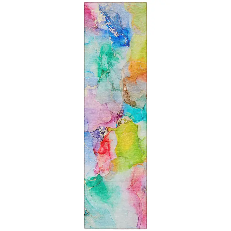 8' Runner Blue Abstract Washable Non Skid Indoor Outdoor Runner Rug