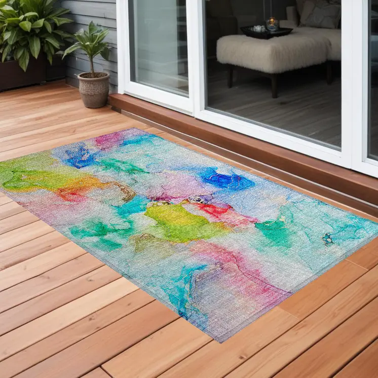 3' X 5' Blue Abstract Washable Non Skid Indoor Outdoor Area Rug