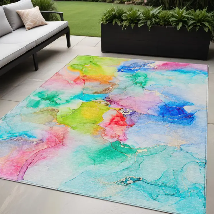 5' X 8' Blue Pink and Green Abstract Washable Indoor Outdoor Area Rug