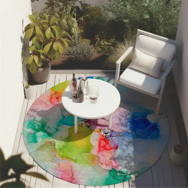 8' X 8' Blue Pink and Green Round Abstract Washable Indoor Outdoor Area Rug