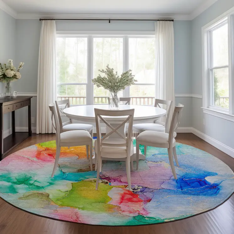 8' X 8' Blue Pink and Green Round Abstract Washable Indoor Outdoor Area Rug