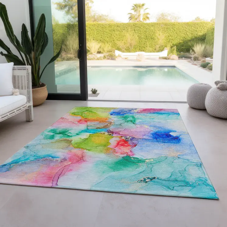 8' X 10' Blue Pink and Green Abstract Washable Indoor Outdoor Area Rug