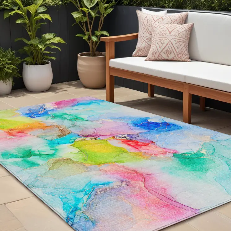 10' X 14' Blue Pink and Green Abstract Washable Indoor Outdoor Area Rug
