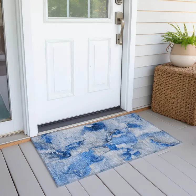 2' X 3' Navy Blue Abstract Washable Indoor Outdoor Area Rug