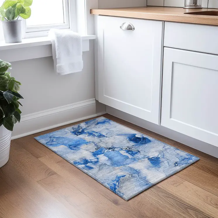 2' X 3' Navy Blue Abstract Washable Indoor Outdoor Area Rug