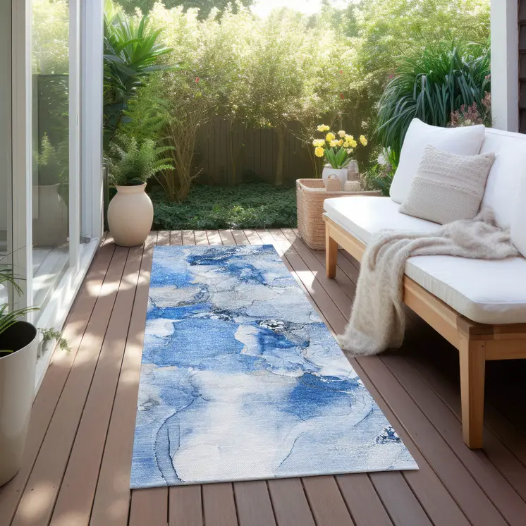 2' X 8' Navy Blue Abstract Washable Indoor Outdoor Runner Rug