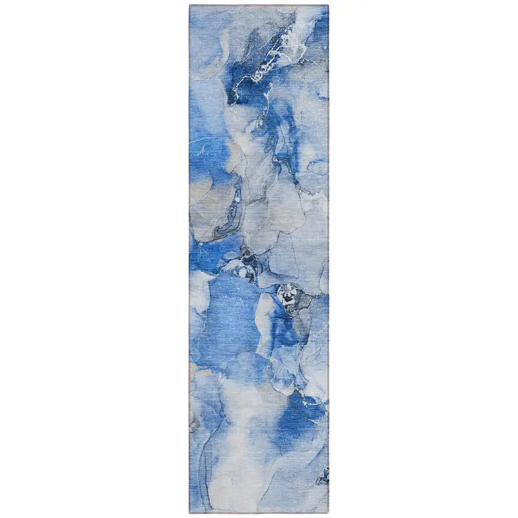 2' X 8' Navy Blue Abstract Washable Indoor Outdoor Runner Rug