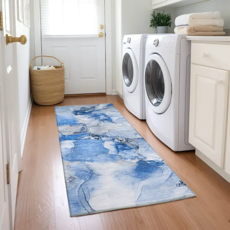 2' X 8' Navy Blue Abstract Washable Indoor Outdoor Runner Rug