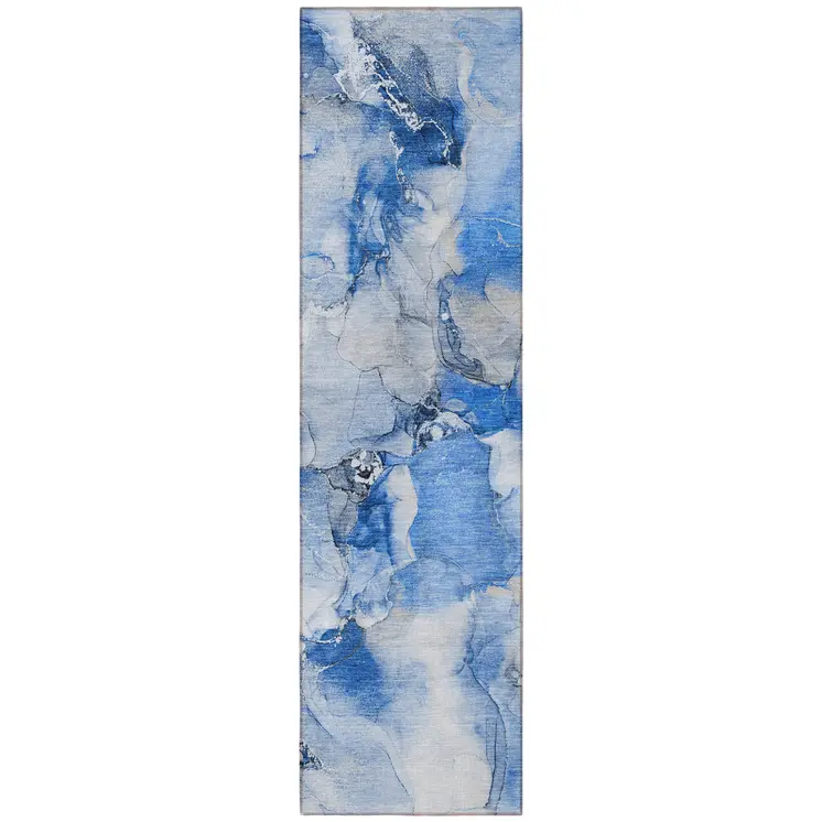 2' X 8' Navy Blue Abstract Washable Indoor Outdoor Runner Rug