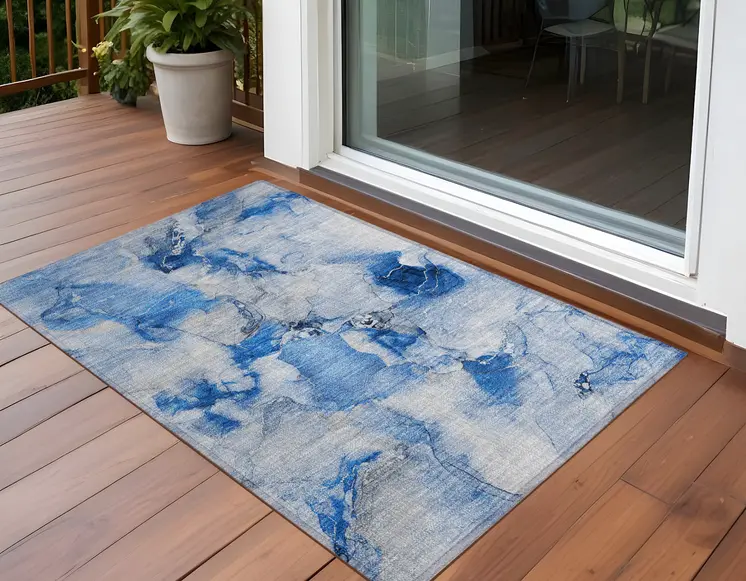 3' X 5' Navy Blue Abstract Washable Indoor Outdoor Area Rug