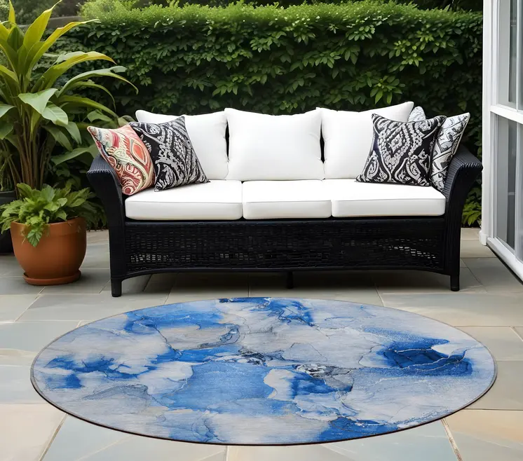 8' Navy Blue Round Abstract Washable Indoor Outdoor Area Rug