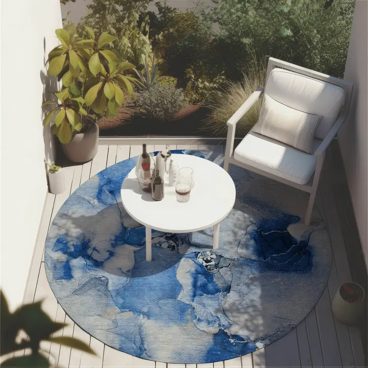 8' Navy Blue Round Abstract Washable Indoor Outdoor Area Rug
