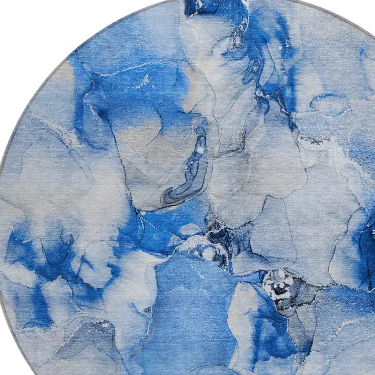 8' Navy Blue Round Abstract Washable Indoor Outdoor Area Rug