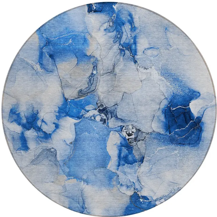 8' Navy Blue Round Abstract Washable Indoor Outdoor Area Rug