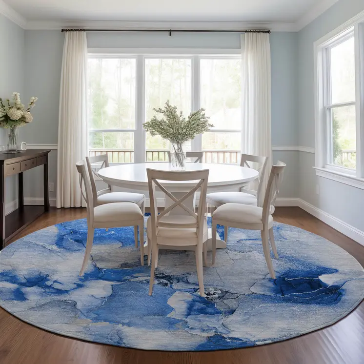 8' Navy Blue Round Abstract Washable Indoor Outdoor Area Rug
