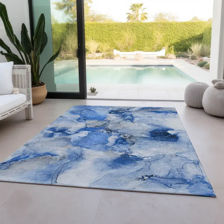 9' X 12' Navy Blue Abstract Washable Indoor Outdoor Area Rug