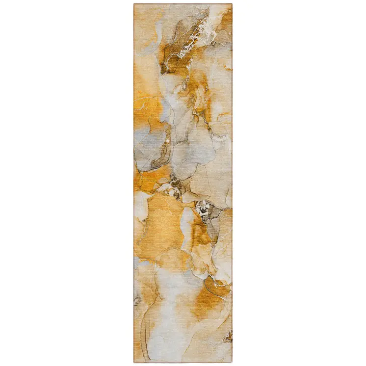 2' X 8' Orange and Ivory Abstract Washable Indoor Outdoor Runner Rug