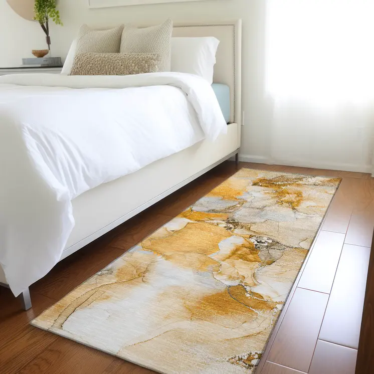 2' X 8' Orange and Ivory Abstract Washable Indoor Outdoor Runner Rug