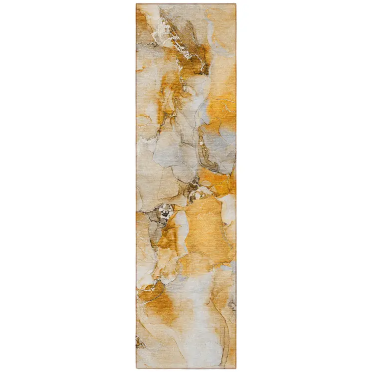 2' X 8' Orange and Ivory Abstract Washable Indoor Outdoor Runner Rug
