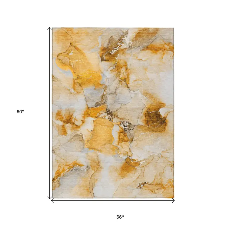 3' X 5' Orange and Ivory Abstract Washable Indoor Outdoor Area Rug