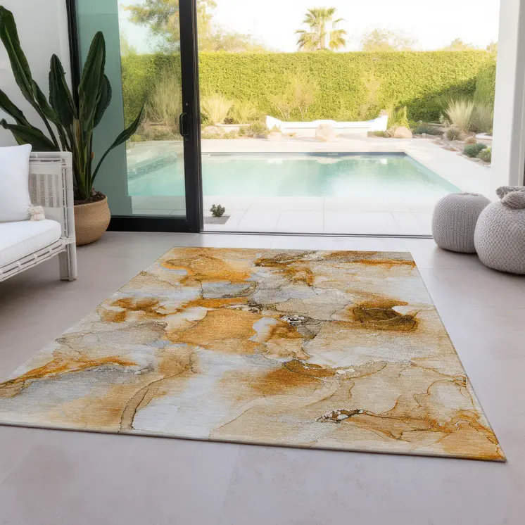 3' X 5' Orange and Ivory Abstract Washable Indoor Outdoor Area Rug