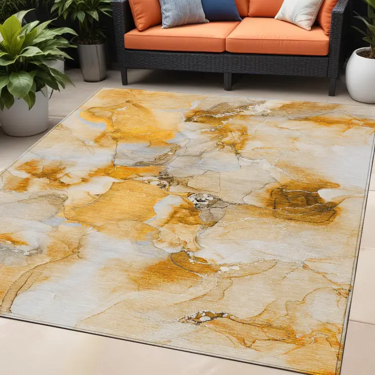 5' X 8' Orange and Ivory Abstract Washable Indoor Outdoor Area Rug
