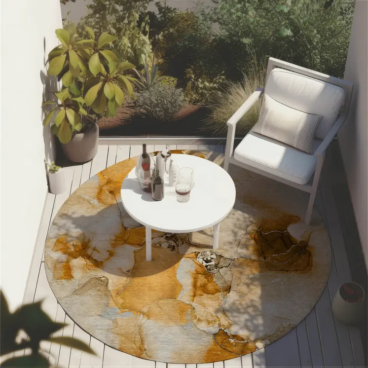 8' X 8' Orange and Ivory Round Abstract Washable Indoor Outdoor Area Rug