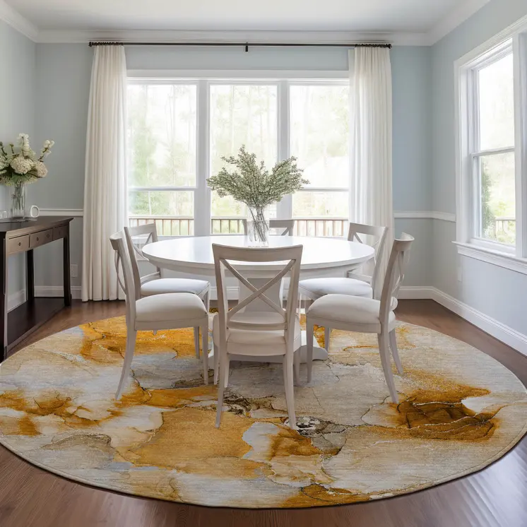 8' X 8' Orange and Ivory Round Abstract Washable Indoor Outdoor Area Rug