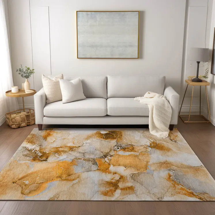 8' X 10' Orange and Ivory Abstract Washable Indoor Outdoor Area Rug