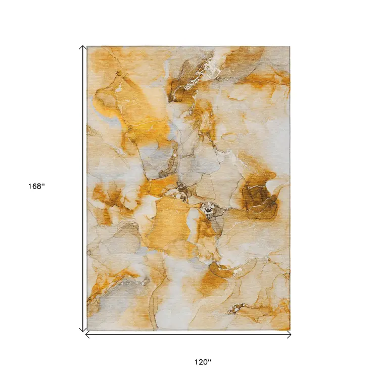 10' X 14' Orange and Ivory Abstract Washable Indoor Outdoor Area Rug
