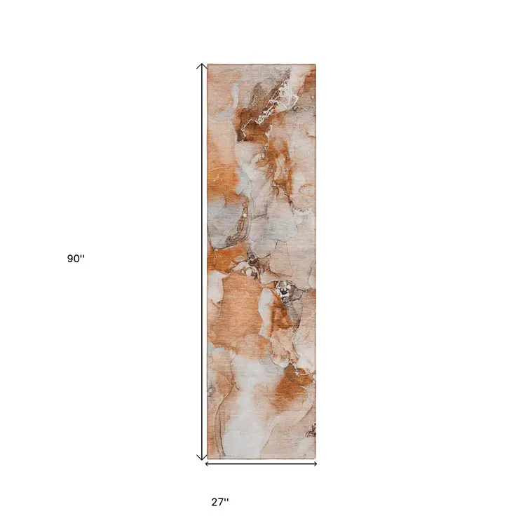 2' X 8' Orange and Ivory Abstract Washable Indoor Outdoor Runner Rug