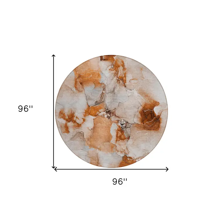 8' Round Orange and Ivory Round Abstract Washable Non Skid Indoor Outdoor Area Rug