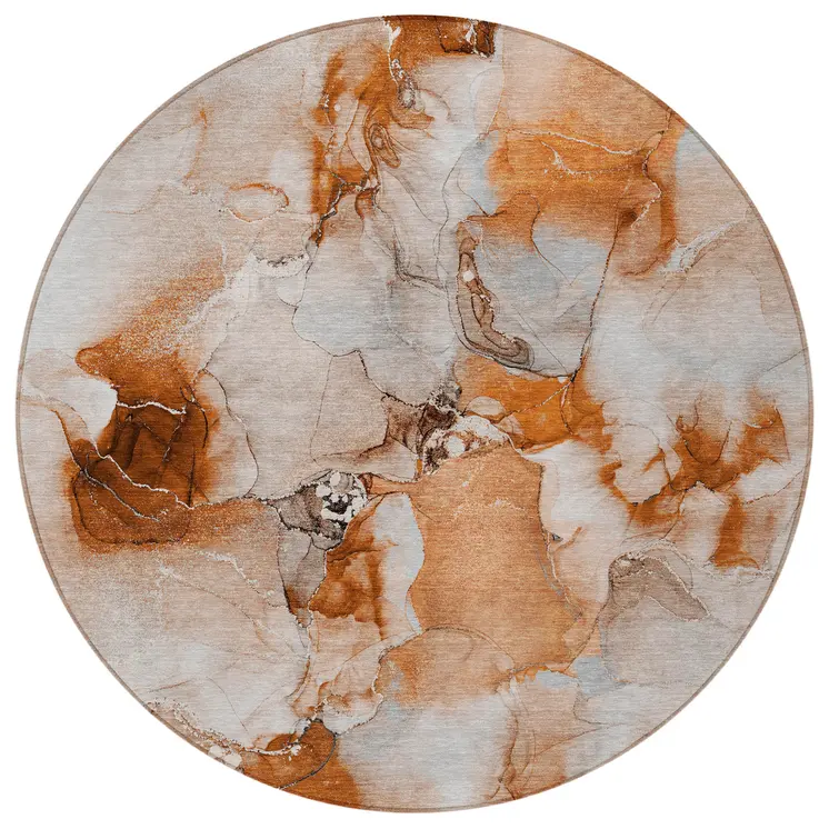 8' Round Orange and Ivory Round Abstract Washable Non Skid Indoor Outdoor Area Rug