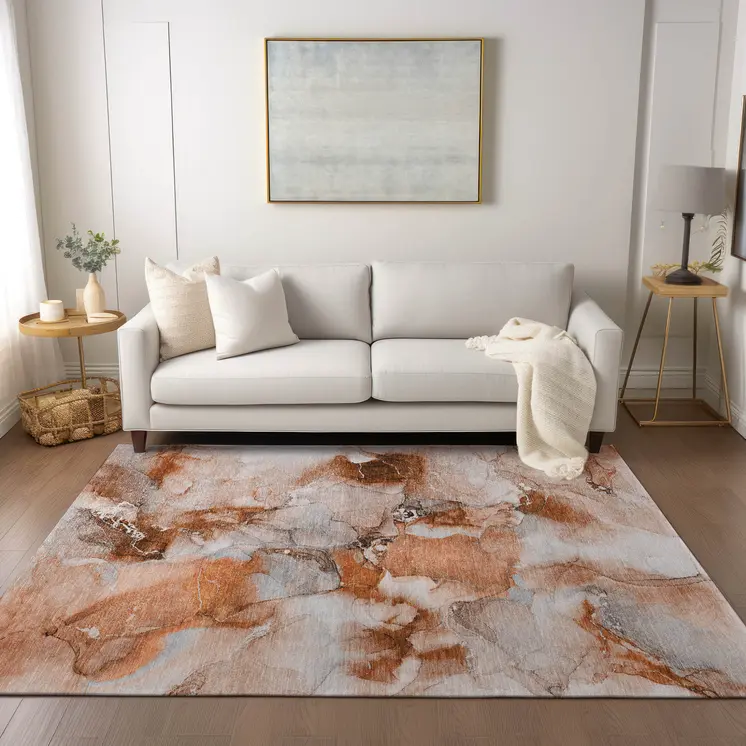 8' X 10' Orange and Ivory Abstract Washable Indoor Outdoor Area Rug