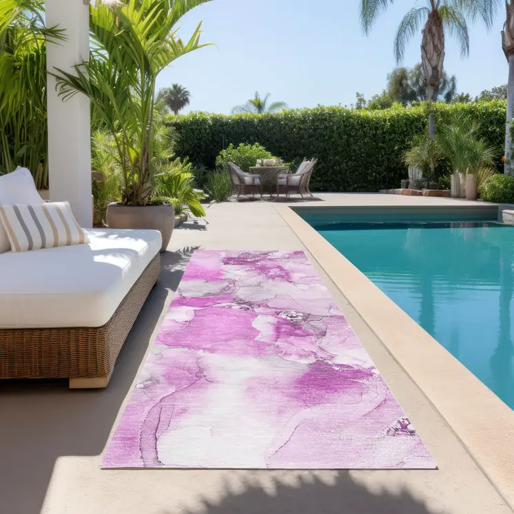 2' X 8' Pink and Ivory Abstract Washable Indoor Outdoor Runner Rug