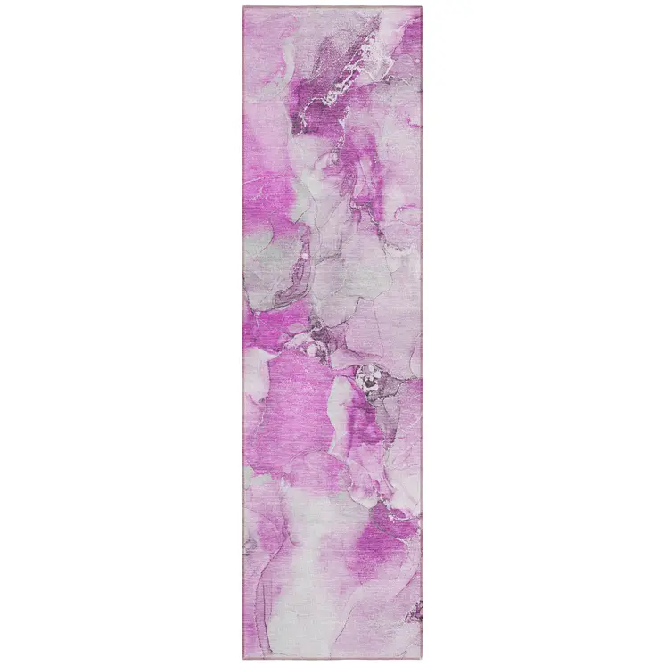 2' X 8' Pink and Ivory Abstract Washable Indoor Outdoor Runner Rug