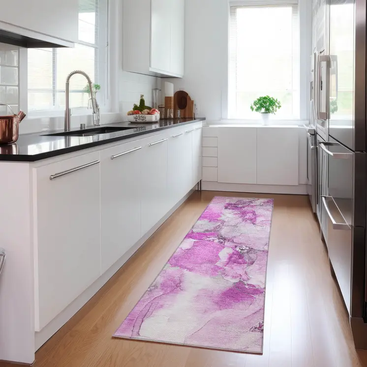 2' X 8' Pink and Ivory Abstract Washable Indoor Outdoor Runner Rug