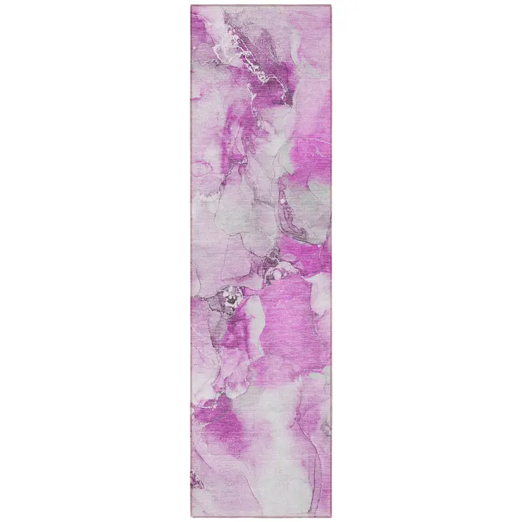 2' X 8' Pink and Ivory Abstract Washable Indoor Outdoor Runner Rug