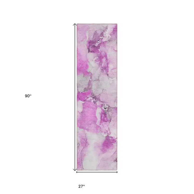 2' X 8' Pink and Ivory Abstract Washable Indoor Outdoor Runner Rug